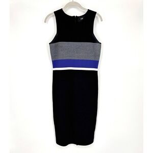 Line The Label Ribbed Midi Dress Sz L Black Blue Stripe Full Zip Sheath Bodycon‎